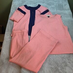 St. John Wool 3pc Pant Suit Womens Sz 14 Cardigan Shell Wide Leg Pants Pink Navy